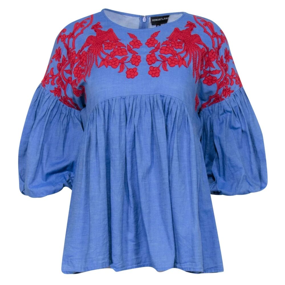 Hemant & Nandita Blue w/ Red Embroidered Detail Top Womens Medium